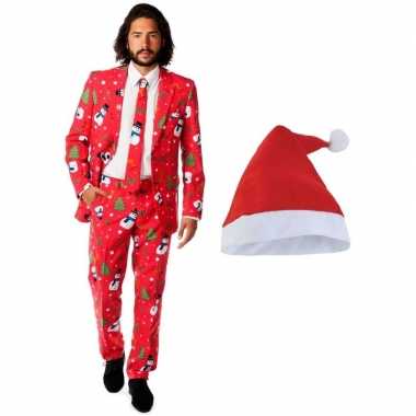 Heren opposuits kerst kostuum rood kerstmuts maat 50 (l)