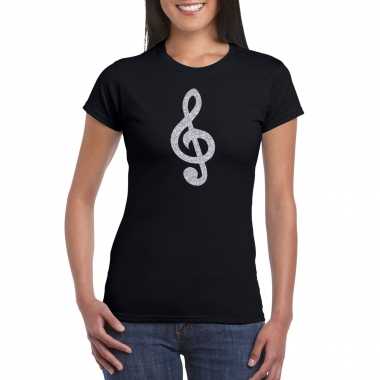 Zilveren muziek noot g sleutel / muziek feest t shirt / kostuum zwart dames