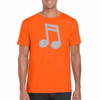 Zilveren muziek noot / muziek feest t shirt / kostuum oranje heren