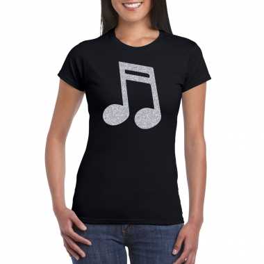 Zilveren muziek noot / muziek feest t shirt / kostuum zwart dames