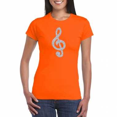 Zilveren muzieknoot g sleutel / muziek feest t shirt / kostuum oranje dames