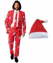 Heren opposuits kerst kostuum rood kerstmuts maat 48 m