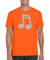 Zilveren muziek noot muziek feest t shirt kostuum oranje heren