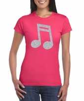 Zilveren muziek noot muziek feest t shirt kostuum roze dames