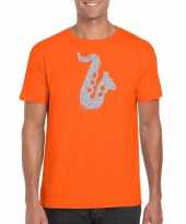 Zilveren saxofoon muziek t shirt kostuum oranje heren
