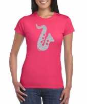 Zilveren saxofoon muziek t shirt kostuum roze dames